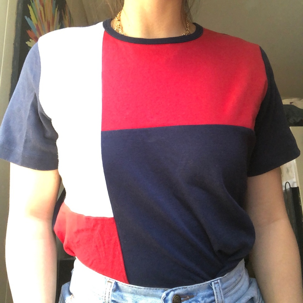 Red navy and white color block shirt